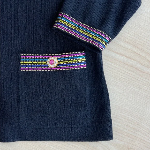 St. John by Marie Gray black colorful v neck knit blazer sequins embellishments - Picture 5 of 13